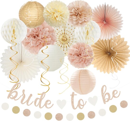 Citrus; 21 Pcs Champagne Gold Beige Blush Pink Bachelorette Party Decorations, Bride to Be Banner Garland Set with Paper Fans, Lanterns, Tissue Pom Poms, Honeycomb Balls and Hanging Swirls for Bridal Shower Wedding Decor; Category:Banners; Image:1